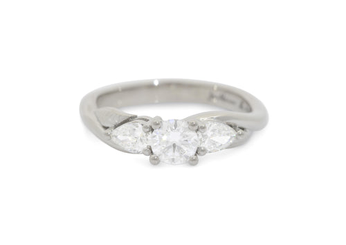 Three-Stone Round & Pear Diamond Elvish Vine Engagement Ring, White Gold & Platinum