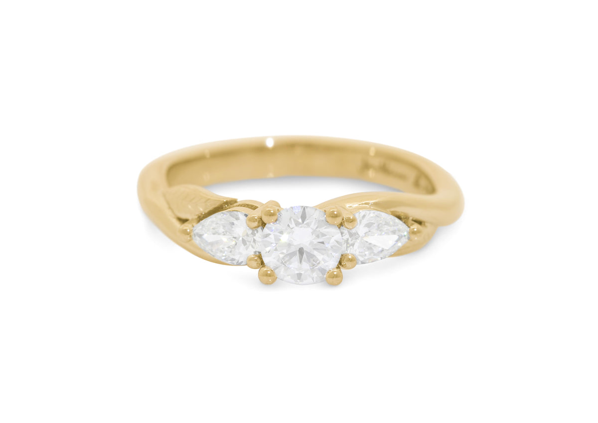 Three-Stone Round & Pear Diamond Elvish Vine Engagement Ring, Yellow Gold