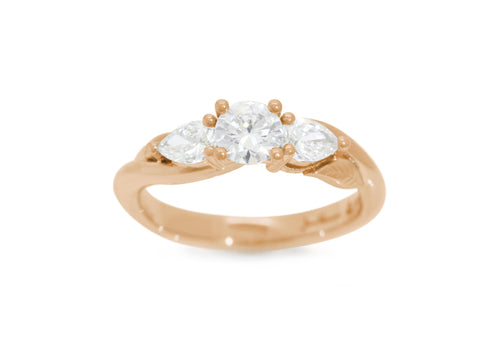 Three-Stone Round & Pear Diamond Elvish Vine Engagement Ring, Red Gold