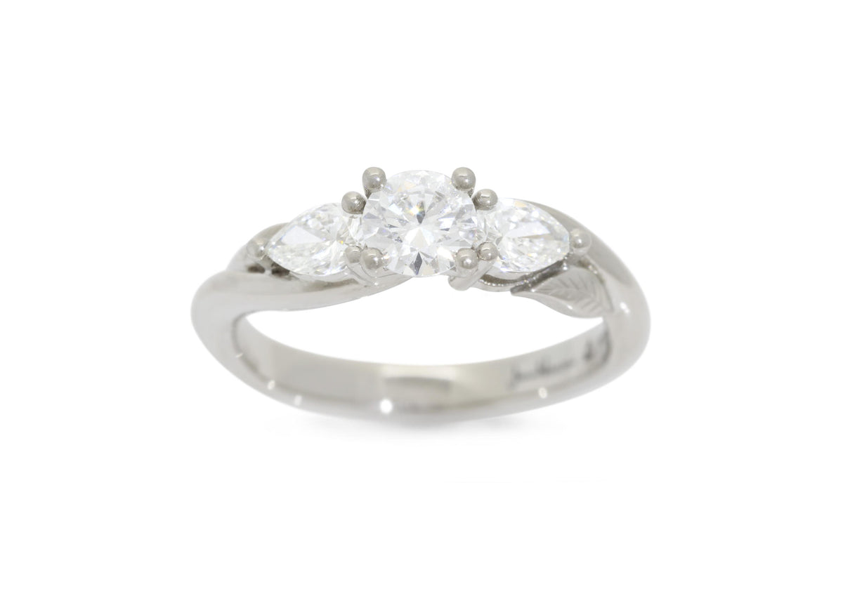Three-Stone Round & Pear Diamond Elvish Vine Engagement Ring, White Gold & Platinum