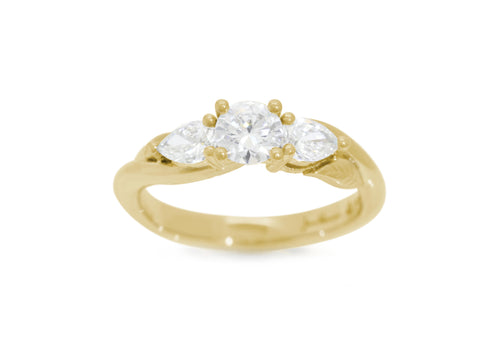 Three-Stone Round & Pear Diamond Elvish Vine Engagement Ring, Yellow Gold