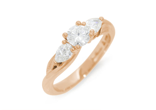 Three-Stone Round & Pear Diamond Elvish Vine Engagement Ring, Red Gold