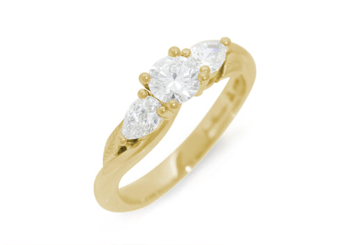 Three-Stone Round & Pear Diamond Elvish Vine Engagement Ring, Yellow Gold