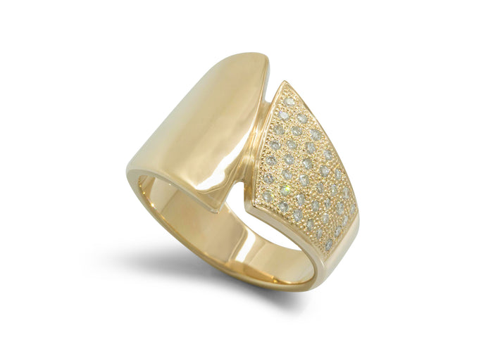 Custom Pave Diamond Asymmetric Ring, Yellow Gold