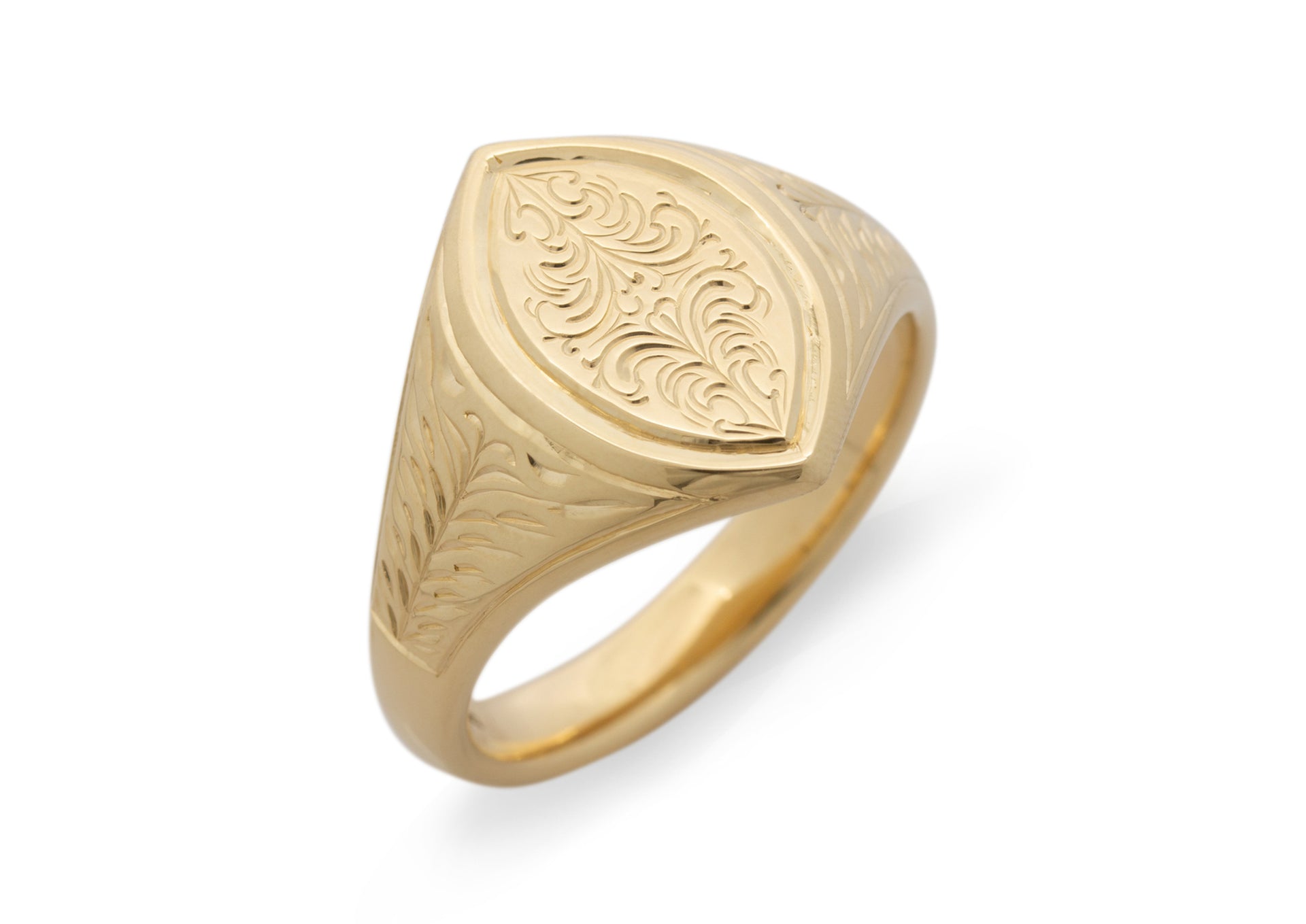 Navette Hand Engraved Signet Ring, Yellow Gold