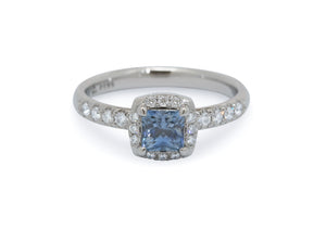 Custom Princess Sapphire & Diamond Halo Ring, Platinum