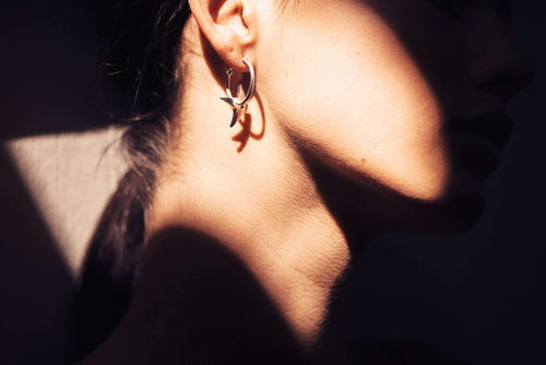 E28 Four Pointed Star Hoop Earrings, Sterling Silver