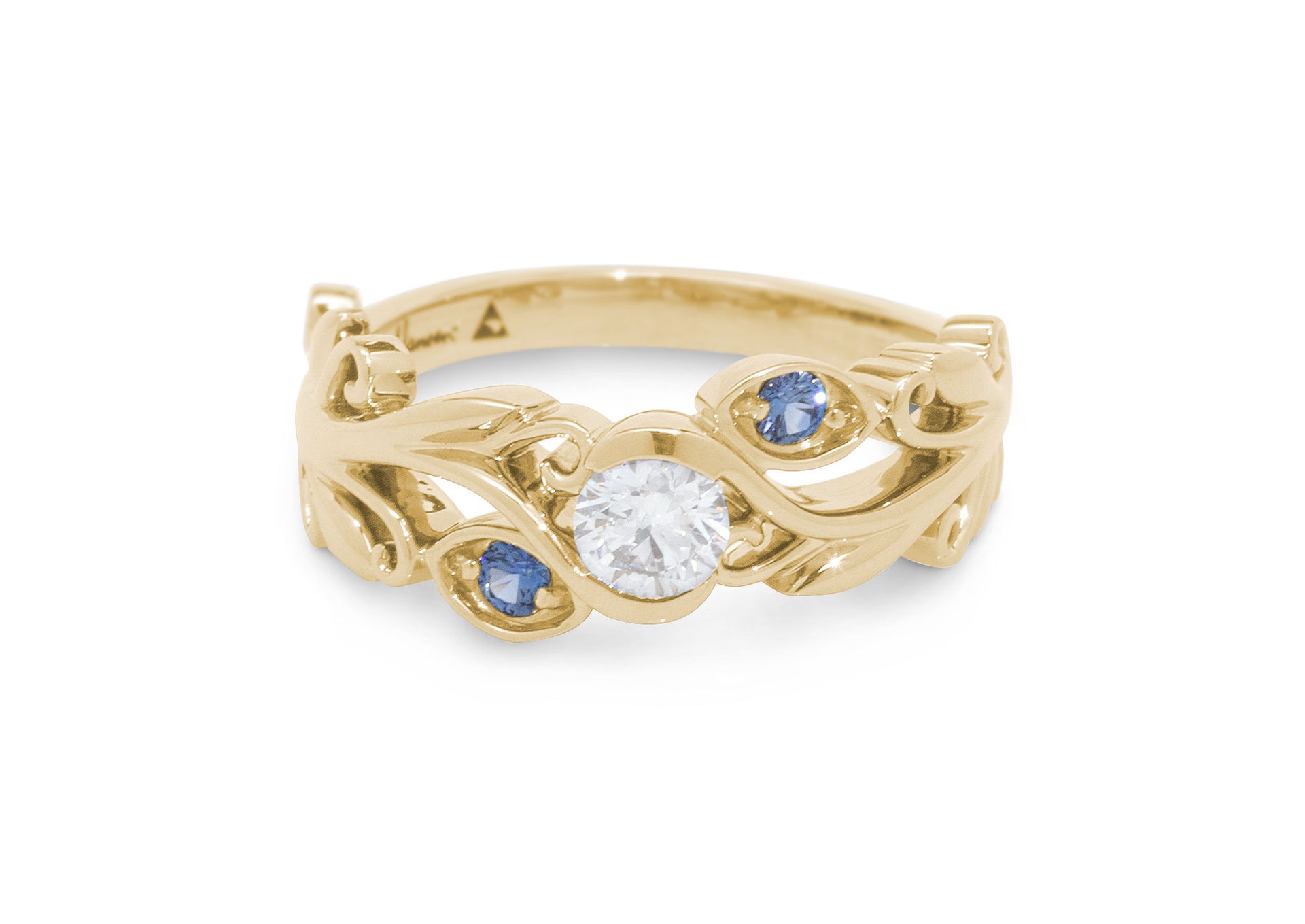 Three-Stone Diamond & Sapphire Elvish Vine Engagement Ring, Yellow Gold