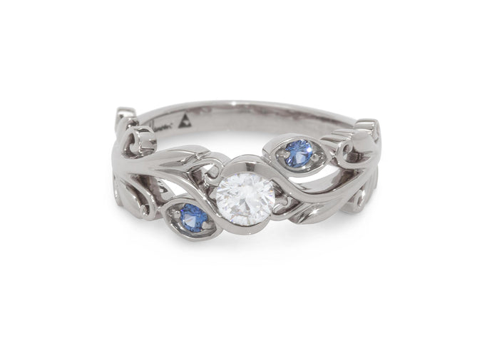 Three-Stone Diamond & Sapphire Elvish Vine Engagement Ring, White Gold & Platinum