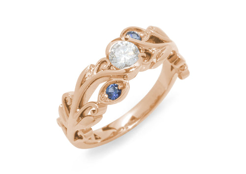 Three-Stone Diamond & Sapphire Elvish Vine Engagement Ring, Red Gold