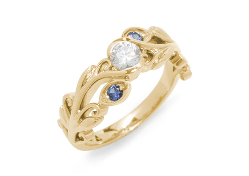 Three-Stone Diamond & Sapphire Elvish Vine Engagement Ring, Yellow Gold