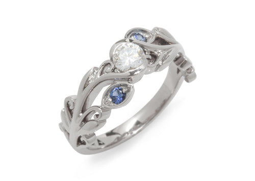 Three-Stone Diamond & Sapphire Elvish Vine Engagement Ring, White Gold & Platinum