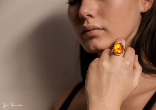 JW175 Oval Amber Ring, Sterling Silver