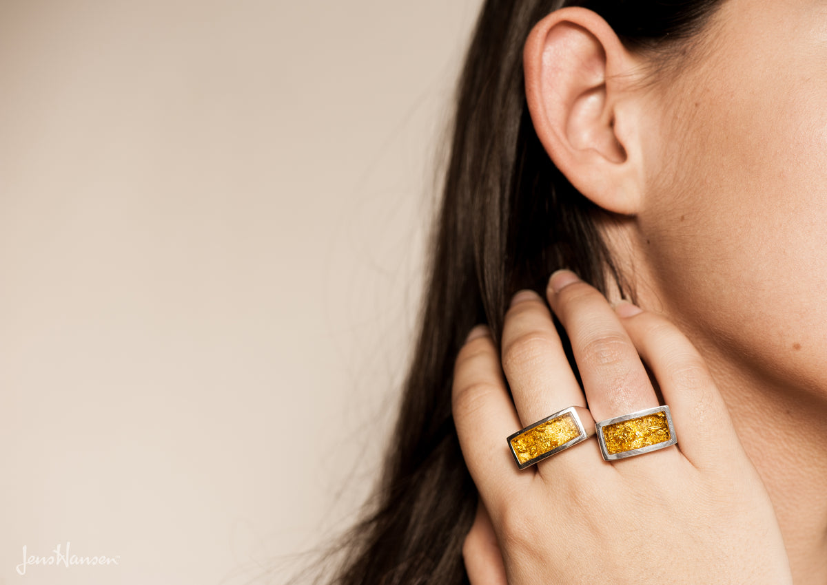 24ct Gold Leaf Rectangle Resin Rings, Sterling Silver