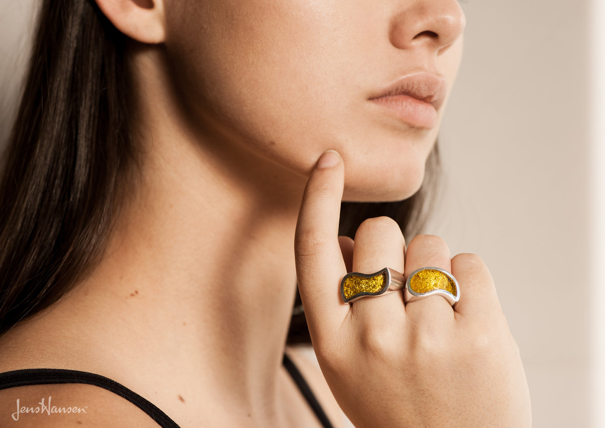 24ct Gold Leaf Flowing Resin Rings, Sterling Silver