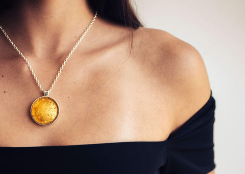 24ct Gold Leaf Round Resin Pendant, Sterling Silver