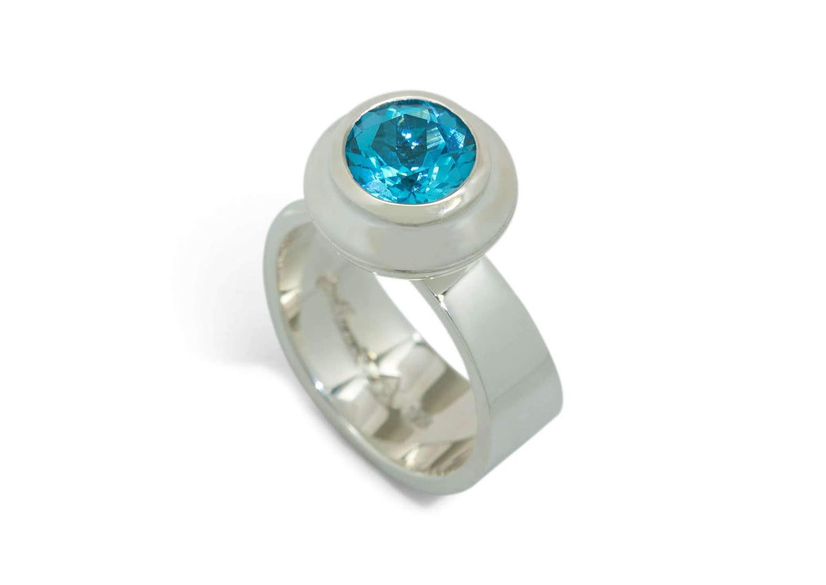 Round Faceted Gemstone Ring, Sterling Silver