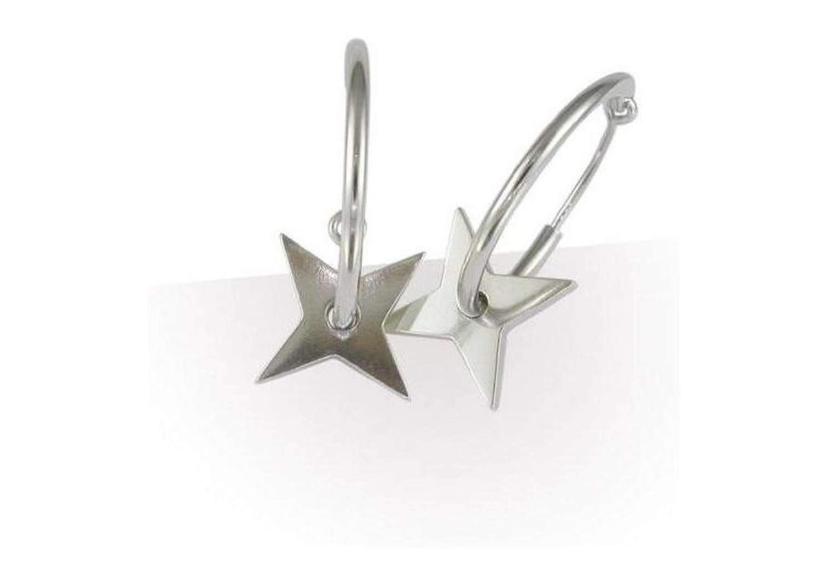 E28 Four Pointed Star Hoop Earrings, Sterling Silver