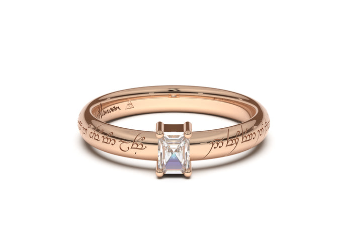 Emerald Cut Classic Slim Elvish Engagement Ring, Red Gold