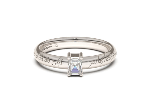 Emerald Cut Classic Slim Elvish Engagement Ring, White Gold & Platinum