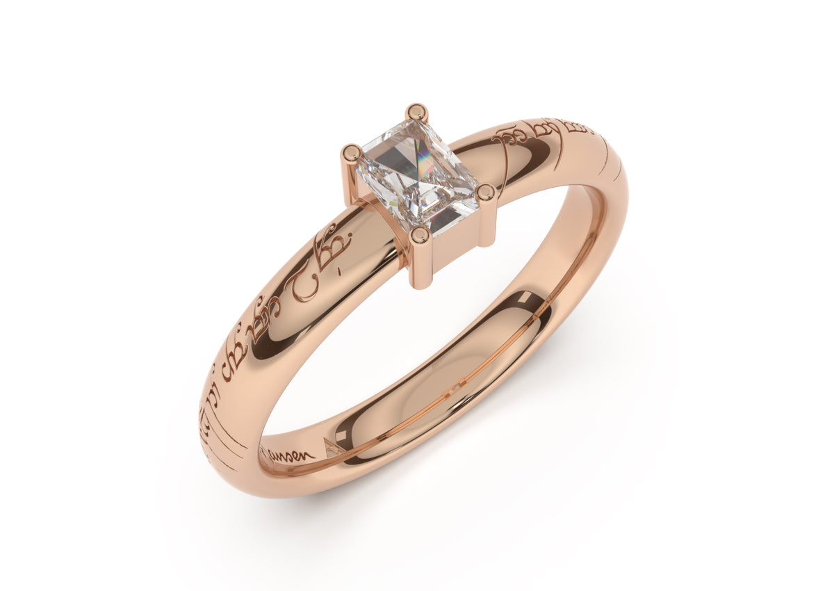Emerald Cut Classic Slim Elvish Engagement Ring, Red Gold