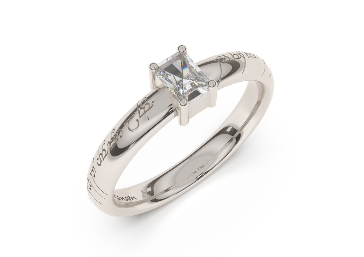 Emerald Cut Classic Slim Elvish Engagement Ring, White Gold & Platinum