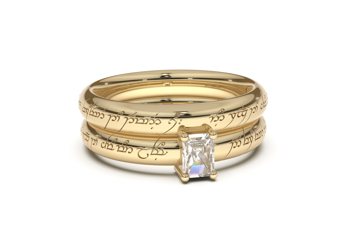Emerald Cut Classic Slim Elvish Engagement Ring, Yellow Gold