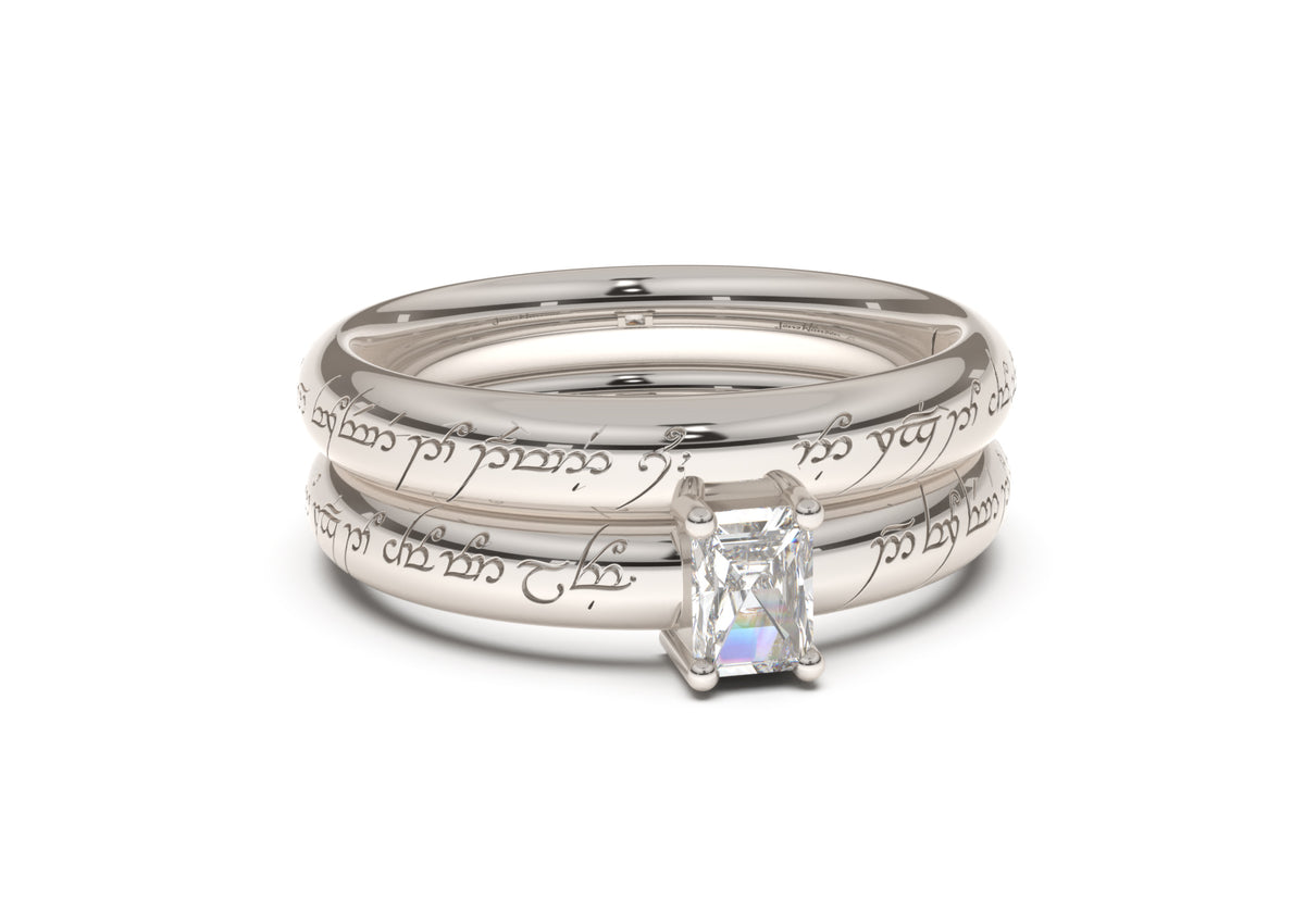Emerald Cut Classic Slim Elvish Engagement Ring, White Gold & Platinum