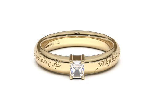 Emerald Cut Classic Elvish Engagement Ring, Yellow Gold
