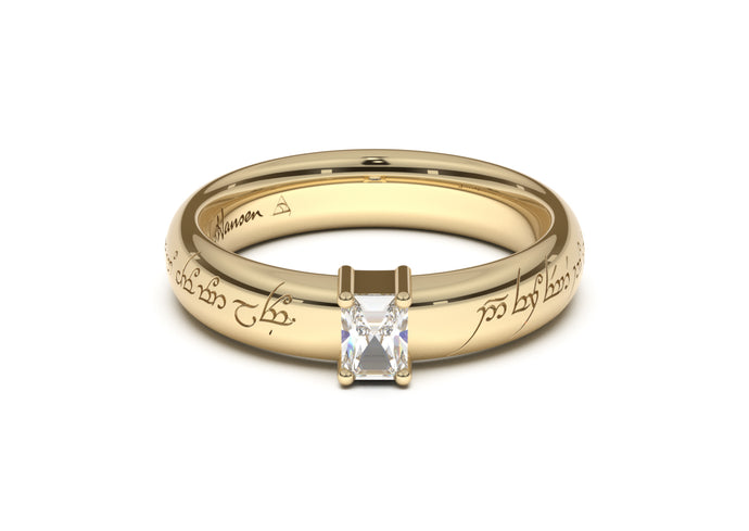 Emerald Cut Classic Elvish Engagement Ring, Yellow Gold