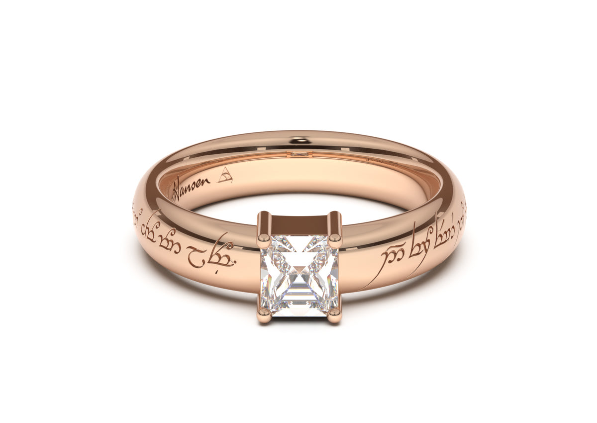 Emerald Cut Classic Elvish Engagement Ring, Red Gold