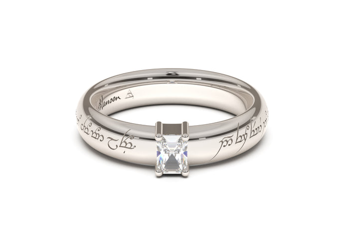 Emerald Cut Classic Elvish Engagement Ring, White Gold & Platinum