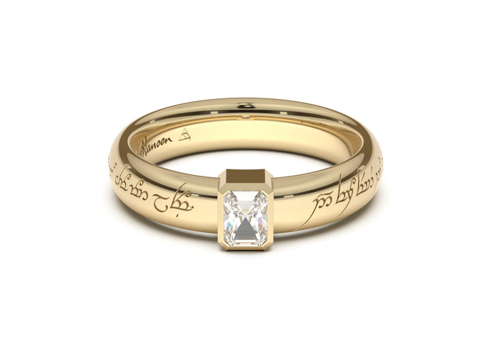 Emerald Cut Modern Elvish Engagement Ring, Yellow Gold