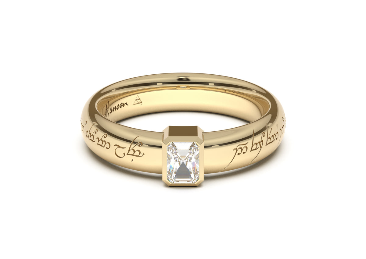 Emerald Cut Modern Elvish Engagement Ring, Yellow Gold