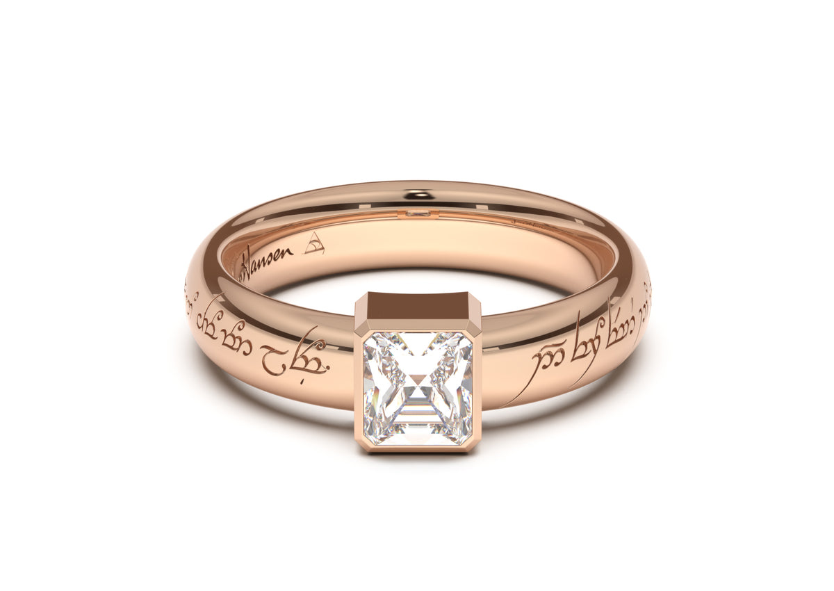 Emerald Cut Modern Elvish Engagement Ring, Red Gold