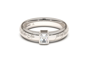 Emerald Cut Modern Elvish Engagement Ring, White Gold & Platinum