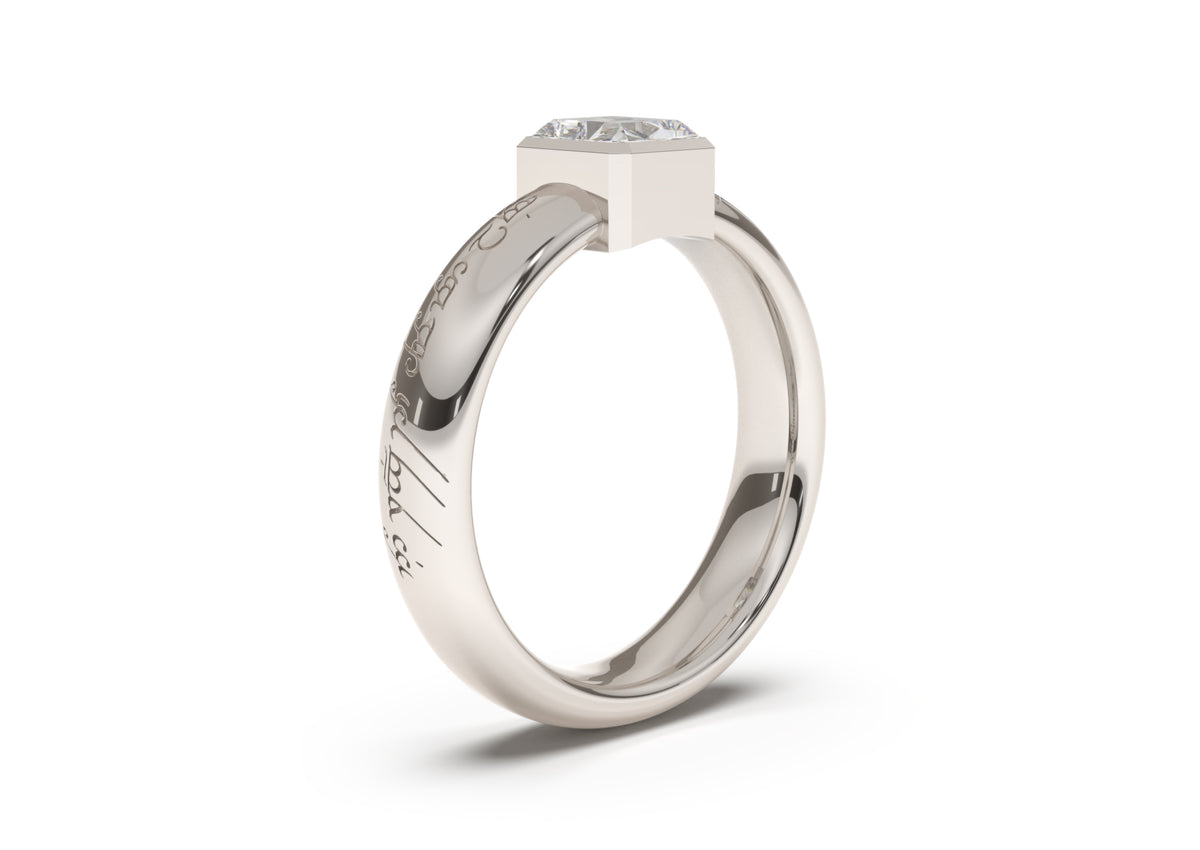 Emerald Cut Modern Elvish Engagement Ring, White Gold & Platinum