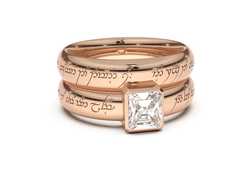 Emerald Cut Modern Elvish Engagement Ring, Red Gold