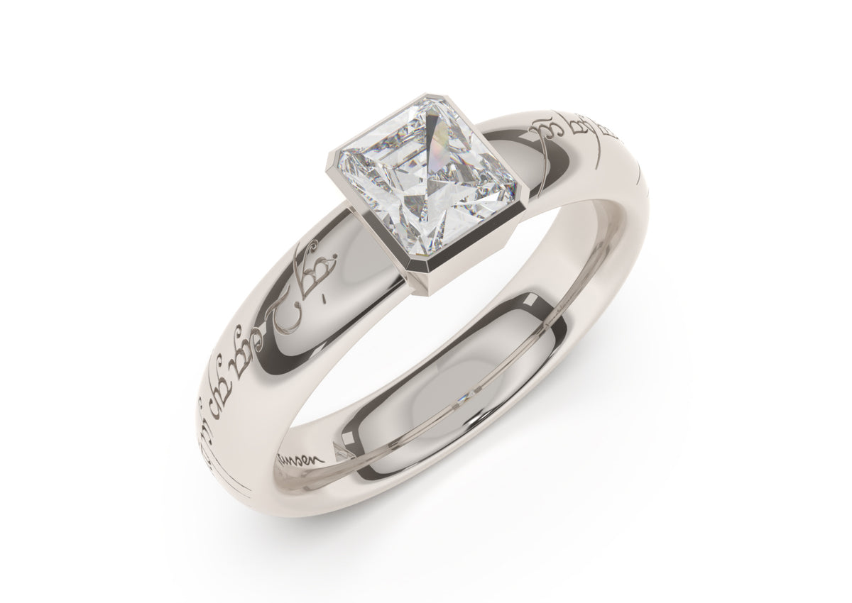 Emerald Cut Elegant Elvish Engagement Ring, White Gold & Platinum