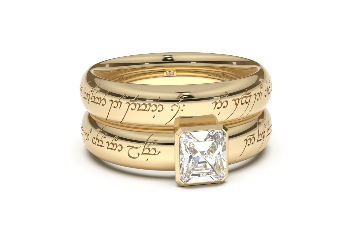 Emerald Cut Elegant Elvish Engagement Ring, Yellow Gold