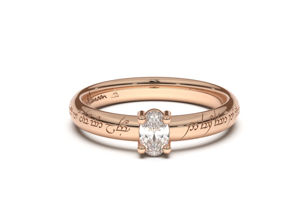 Oval Contemporary Slim Elvish Engagement Ring, Red Gold
