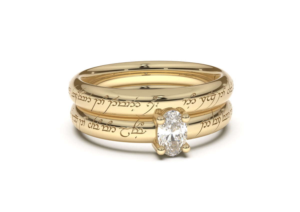 Oval Contemporary Slim Elvish Engagement Ring, Yellow Gold