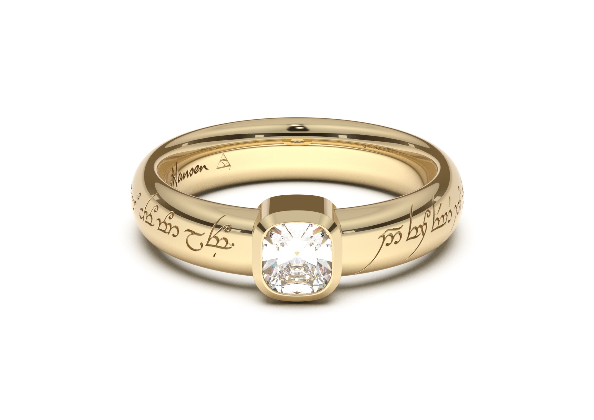 Cushion Modern Elvish Engagement Ring, Yellow Gold