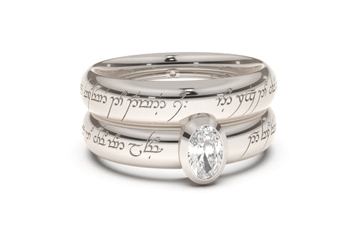 Oval Modern Elvish Engagement Ring, White Gold & Platinum