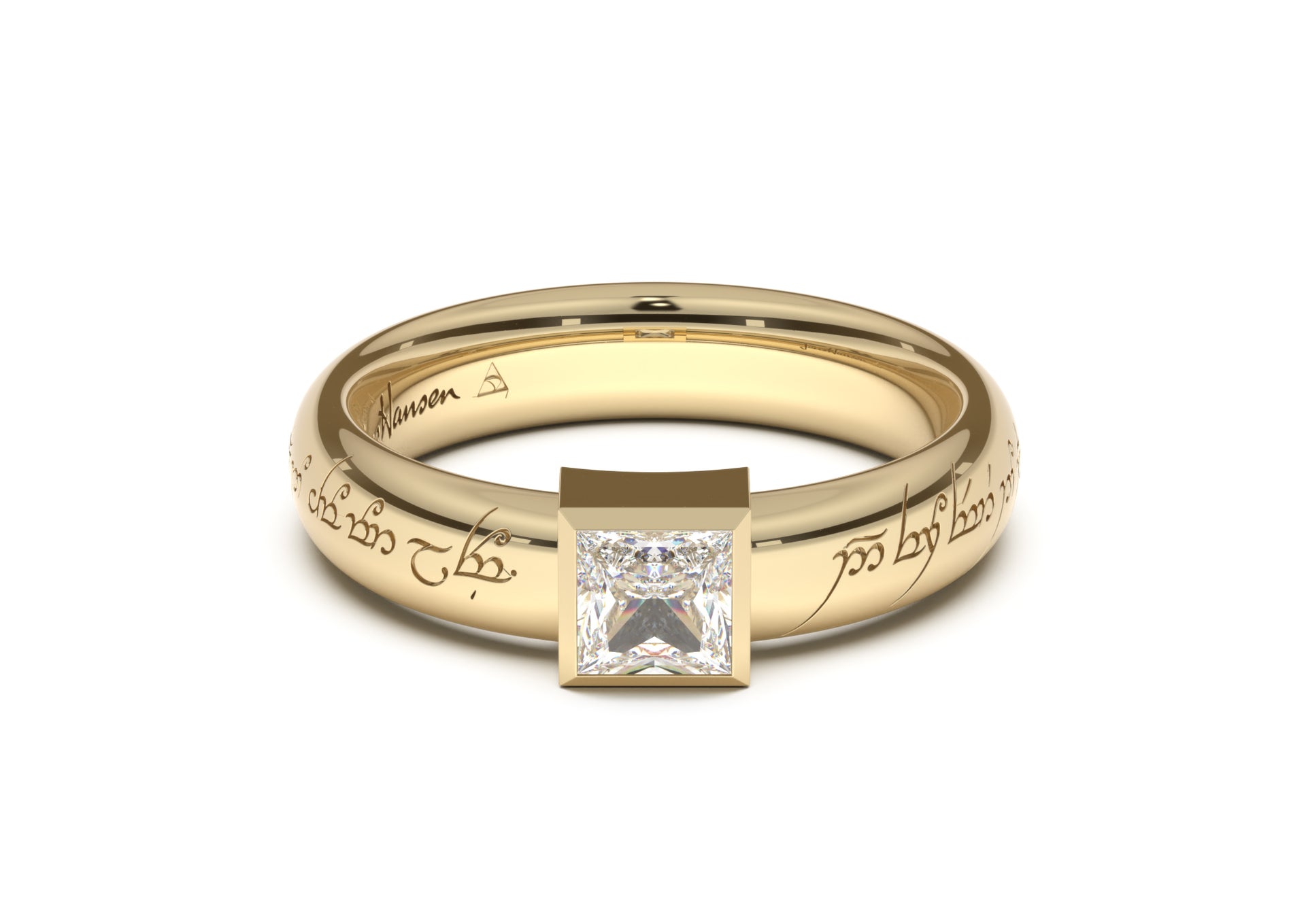 Princess Modern Elvish Engagement Ring, Yellow Gold