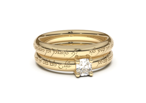 Cushion Classic Slim Elvish Engagement Ring, Yellow Gold